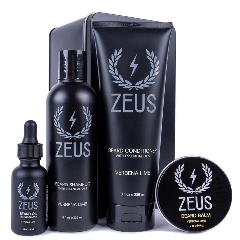 ZEUS Everyday Beard Kit with Tin Gift Box  Beard Wash Shampoo  Conditioner Natural Beard Oil Beard Balm  Tin Box Verbena Lime