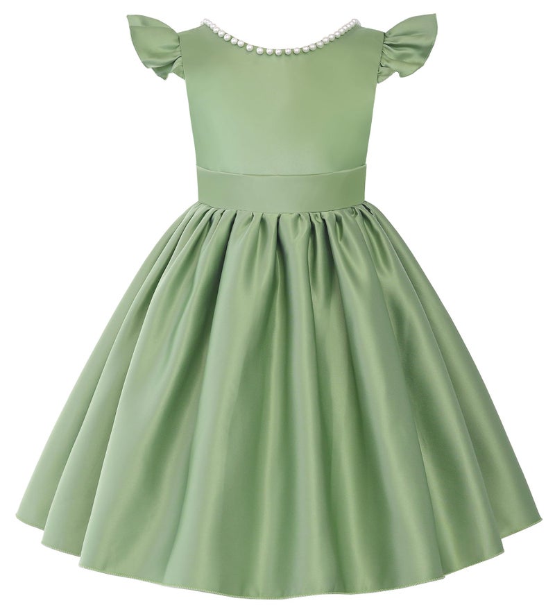 Uhnice Flower Girl Pearl Dress Flutter Sleeve V-Back Satin Dress with Bowknot for Wedding Birthday Party (Green, 100/3-4 Years) - Image 3