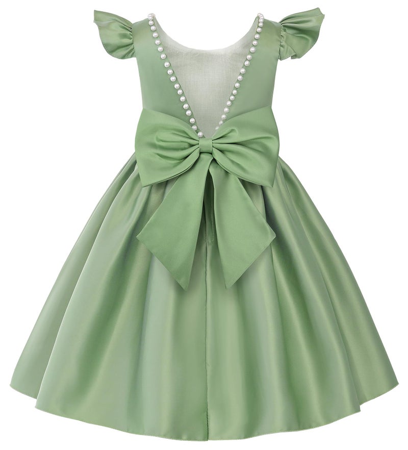 Uhnice Flower Girl Pearl Dress Flutter Sleeve V-Back Satin Dress with Bowknot for Wedding Birthday Party (Green, 100/3-4 Years) - Image 1