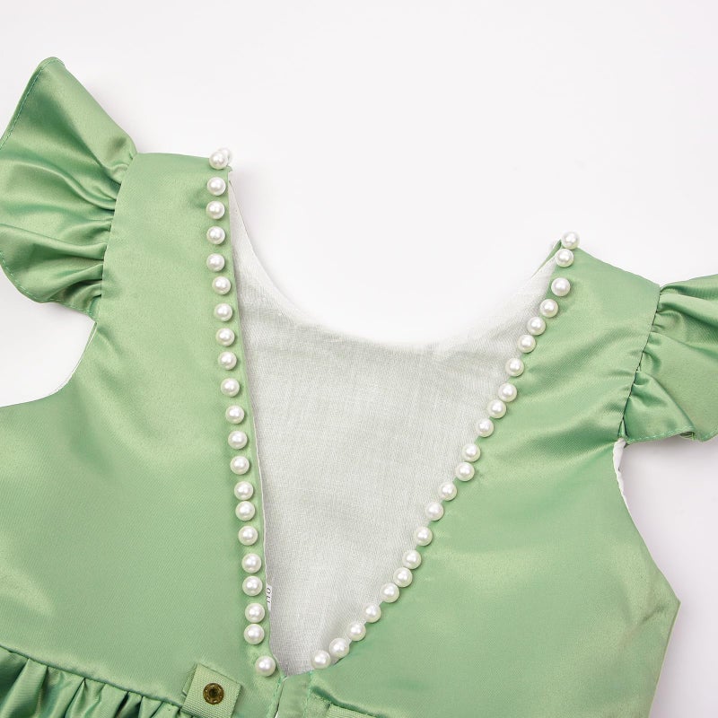 Uhnice Flower Girl Pearl Dress Flutter Sleeve V-Back Satin Dress with Bowknot for Wedding Birthday Party (Green, 100/3-4 Years) - Image 2