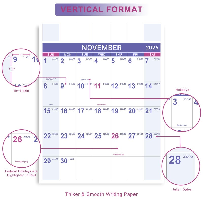 Artfan 2026 Yearly Wall Calendar - 2026 Calendar, JAN.2026 - DEC.2026, 34.8" x 22.8" (Open), Yearly Wall Calendar 2026, 2026 Wall Calendars 12 Month with Bonus Pocket, Thick Paper, Vertical - Purple - Image 3