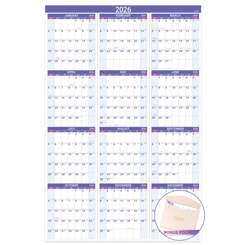 Artfan 2026 Yearly Wall Calendar - 2026 Calendar, JAN.2026 - DEC.2026, 34.8" x 22.8" (Open), Yearly Wall Calendar 2026, 2026 Wall Calendars 12 Month with Bonus Pocket, Thick Paper, Vertical - Purple - Image 4