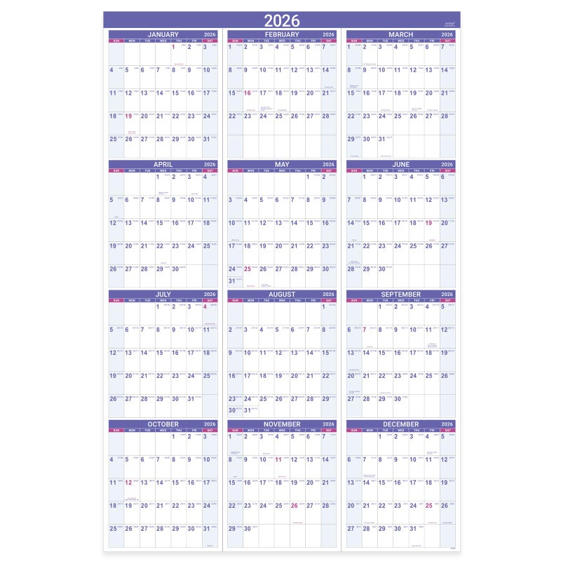 Artfan 2026 Yearly Wall Calendar - 2026 Calendar, JAN.2026 - DEC.2026, 34.8" x 22.8" (Open), Yearly Wall Calendar 2026, 2026 Wall Calendars 12 Month with Bonus Pocket, Thick Paper, Vertical - Purple - Image 1