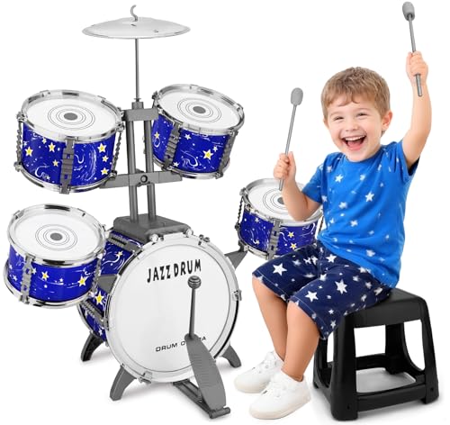 CHADRIGIVS Upgraded Kids Drum Set for Toddlers Plastic Musical Jazz Drum Instruments Kit Birthday Musical Learning Toys for 4 5 6 Boys Girls Starlight Blue - Image 1
