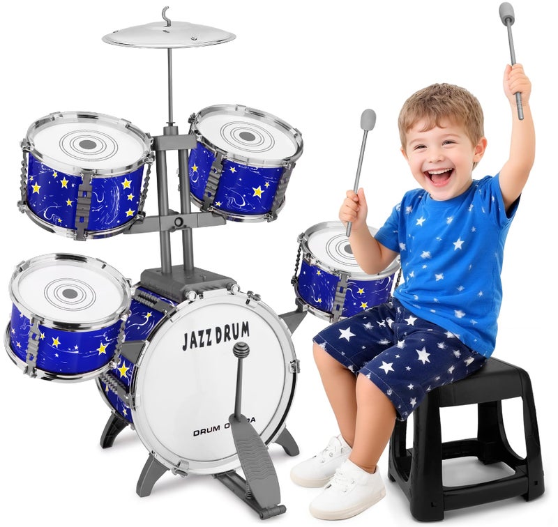 CHADRIGIVS Upgraded Kids Drum Set for Toddlers Plastic Musical Jazz Drum Instruments Kit Birthday Musical Learning Toys for 4 5 6 Boys Girls Starlight Blue - Image 3