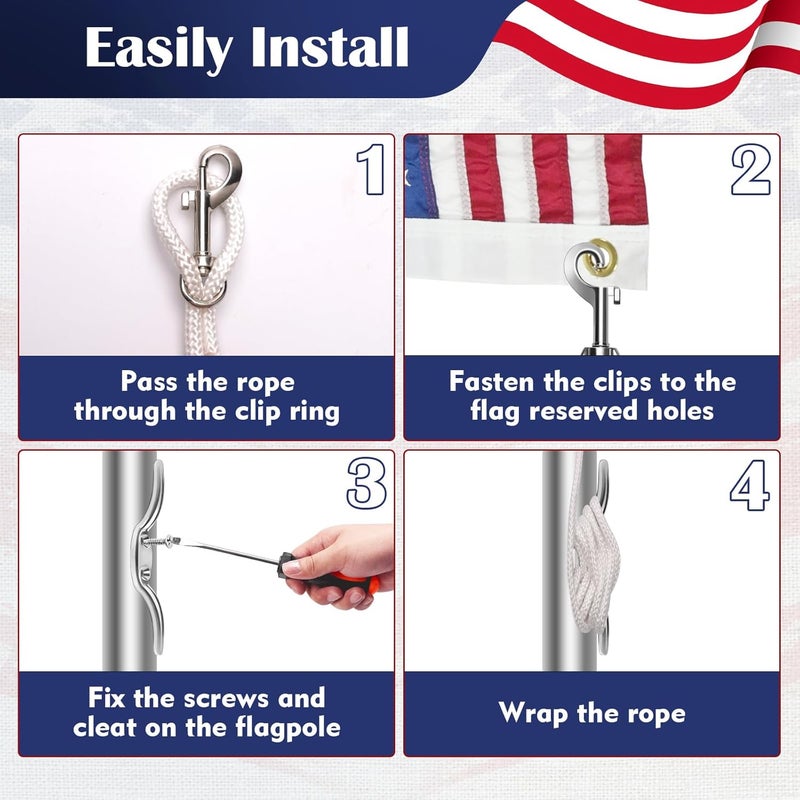 Anglekai 50Ft/100FT Flag Pole Rope Kit, Flag Rope and Clips Kit Replacement Flag Pole Halyard Nylon Rope 4PCS Swivel Snap Clips/Cleat Hook (50FT) - Image 5