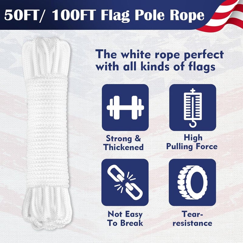 Anglekai 50Ft/100FT Flag Pole Rope Kit, Flag Rope and Clips Kit Replacement Flag Pole Halyard Nylon Rope 4PCS Swivel Snap Clips/Cleat Hook (50FT) - Image 3