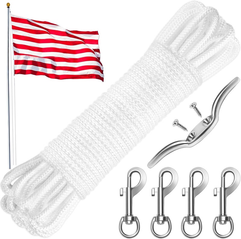 Anglekai 50Ft/100FT Flag Pole Rope Kit, Flag Rope and Clips Kit Replacement Flag Pole Halyard Nylon Rope 4PCS Swivel Snap Clips/Cleat Hook (50FT) - Image 1