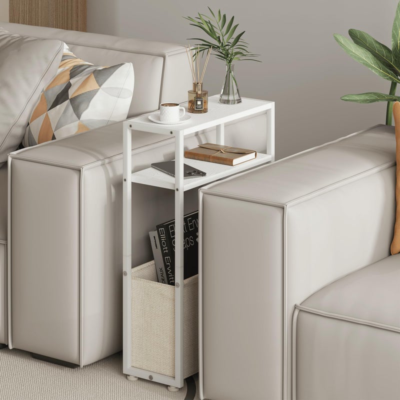 Leomonio Narrow Side Table, Slim End Tables with Fabric Basket, Skinny Table for Small Spaces, Thin Bedside Table for Living Room, Bedroom (1, White + Camel Brown) - Image 4