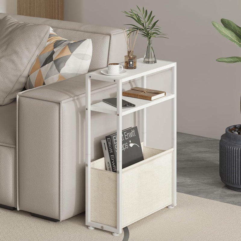 Leomonio Narrow Side Table, Slim End Tables with Fabric Basket, Skinny Table for Small Spaces, Thin Bedside Table for Living Room, Bedroom (1, White + Camel Brown) - Image 3