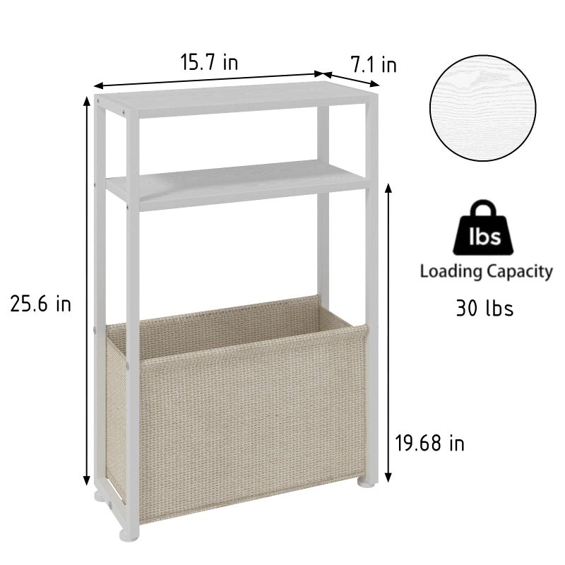 Leomonio Narrow Side Table, Slim End Tables with Fabric Basket, Skinny Table for Small Spaces, Thin Bedside Table for Living Room, Bedroom (1, White + Camel Brown) - Image 2