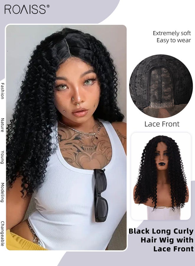 رويس شعر مستعار طويل مجعد للنساء، شعر مستعار مجعد صغير أسود ناعم مع دانتيل أمامي، مظهر طبيعي صناعي للحفلات التنكرية، ملابس يومية، 60 سم (23.6 بوصة) - Image 1