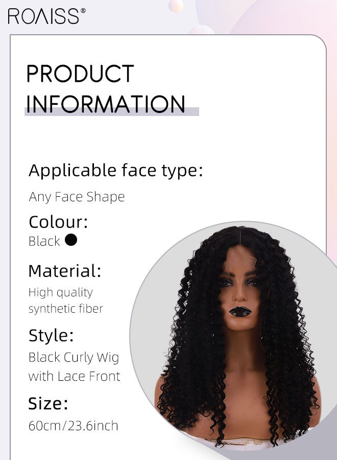 رويس شعر مستعار طويل مجعد للنساء، شعر مستعار مجعد صغير أسود ناعم مع دانتيل أمامي، مظهر طبيعي صناعي للحفلات التنكرية، ملابس يومية، 60 سم (23.6 بوصة) - Image 3