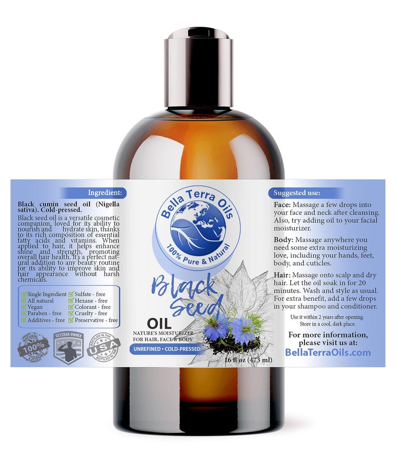 Bella Terra Oils - Black Seed Oil 16oz - Purity from Black Cumin Seeds, Bursting with Omega Fatty Acids & Vitamins, Enhance Your Beauty Regimen - Image 2
