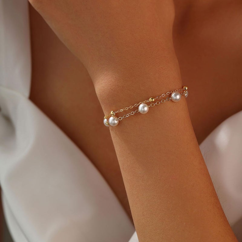 enasal Bridesmaid Gifts for Wedding Day, Bridesmaid Proposal Gifts Set of 4, Gold Pearl Bracelets for Women, Maid of Honor Gift for Her, Layered Bracelets for Wedding Bridal Party (A 4Pcs) - Image 3
