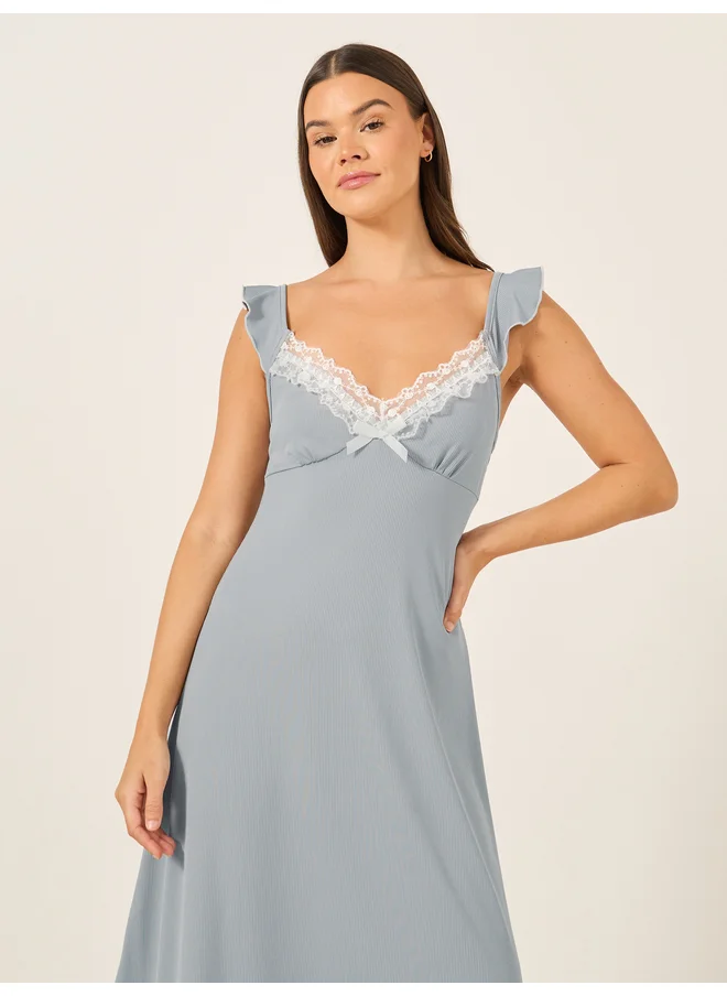 ستايلي Styli Unwind Lace Trim Lettuce Edge Plunge Neck Nightdress