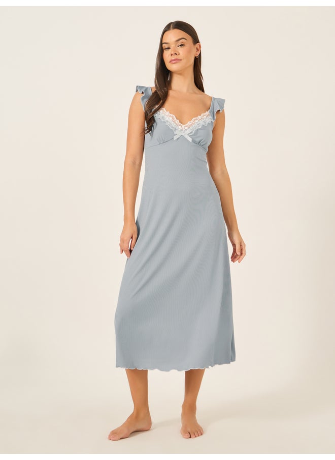 Styli Styli Unwind Lace Trim Lettuce Edge Plunge Neck Nightdress  - Image 1
