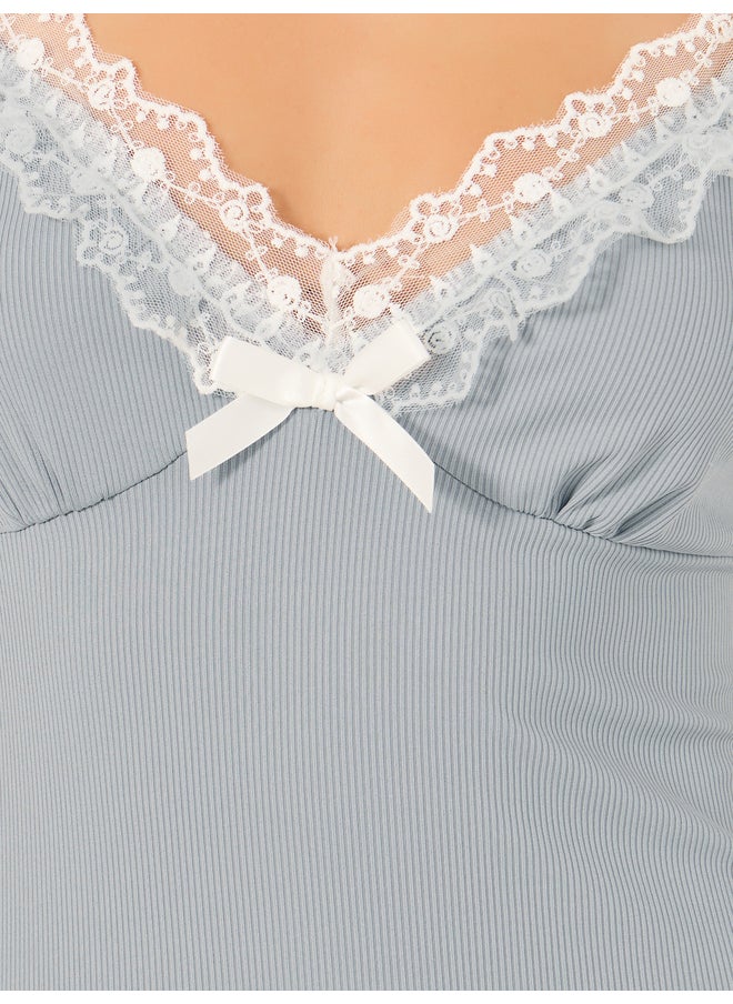 Styli Styli Unwind Lace Trim Lettuce Edge Plunge Neck Nightdress  - Image 3