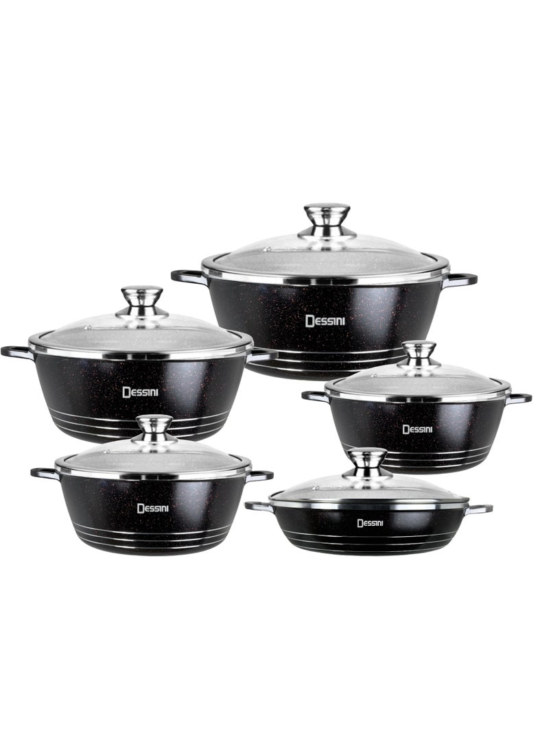 DESSINI 10-Piece Granite Cookware Set 1 x Casserole (20), Casserole (24), Casserole (28), Casserole (32), Shallow Casserole (28)cm Black