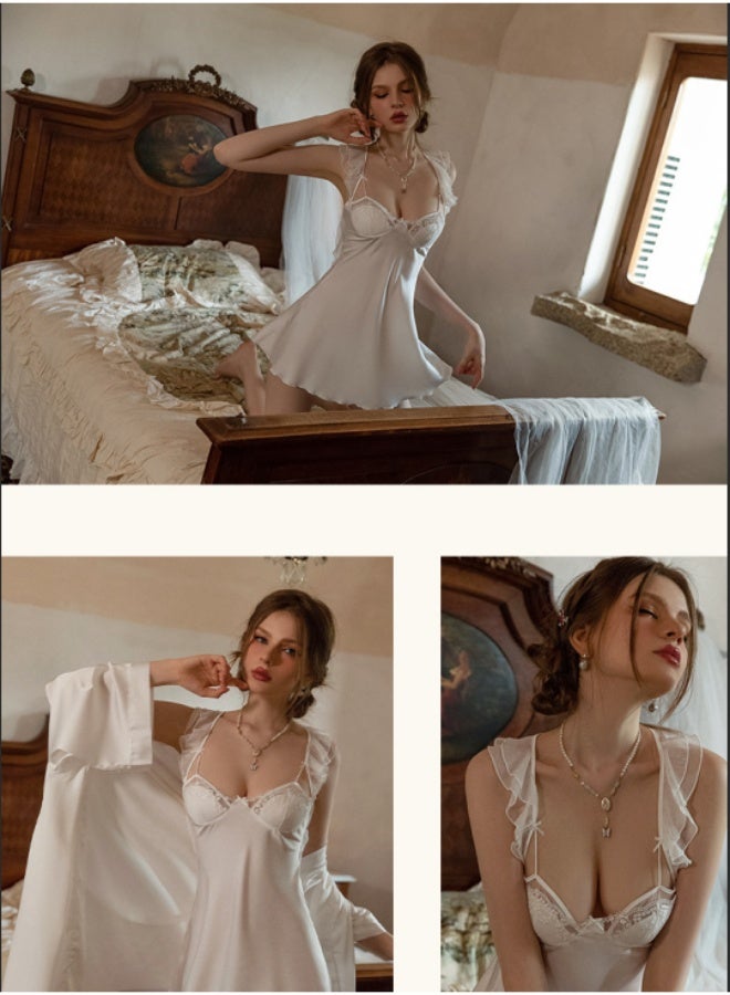 Elegant Satin Babydoll Lingerie Set with G-String - V-Neck Ruffle Sleeve Nightwear - Image 3