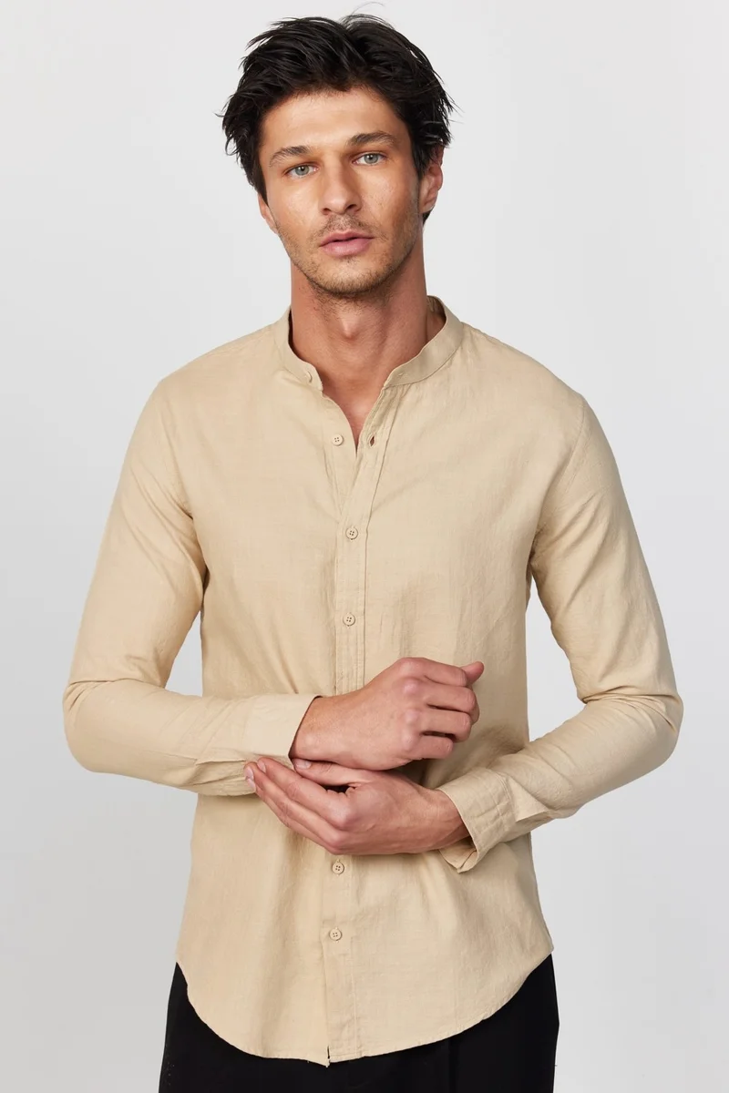 Tudors Slim Fit Slim Fit Long Sleeve Crew Collar Cotton Linen Effect Beige Shirt