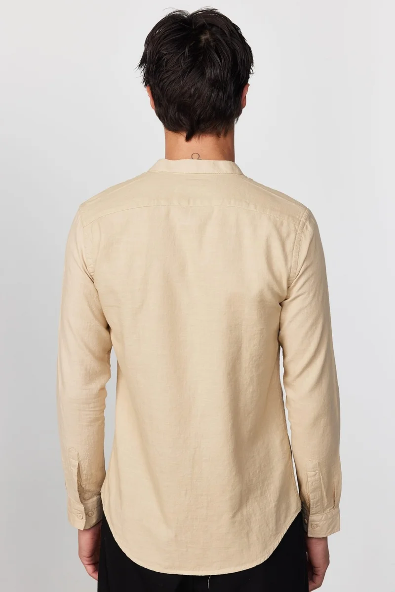 Tudors Slim Fit Slim Fit Long Sleeve Crew Collar Cotton Linen Effect Beige Shirt