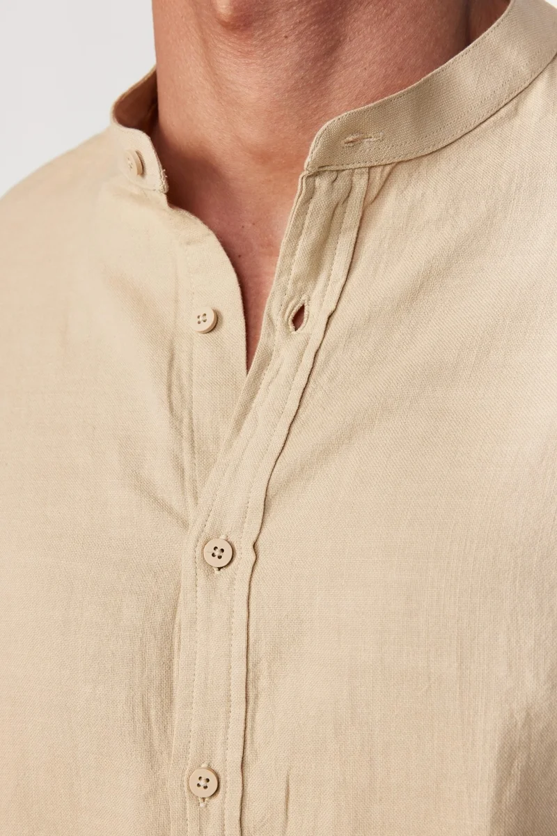 Tudors Slim Fit Slim Fit Long Sleeve Crew Collar Cotton Linen Effect Beige Shirt