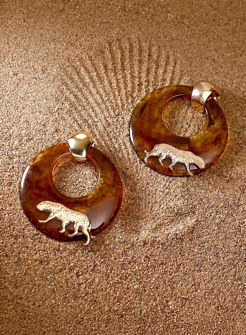 سوهي أقراط نسائية دائرية بنقشة الفهد لون ذهبي كاليفورنيا من الأكريليك المعدني والمعدن مع إغلاق بالدفع