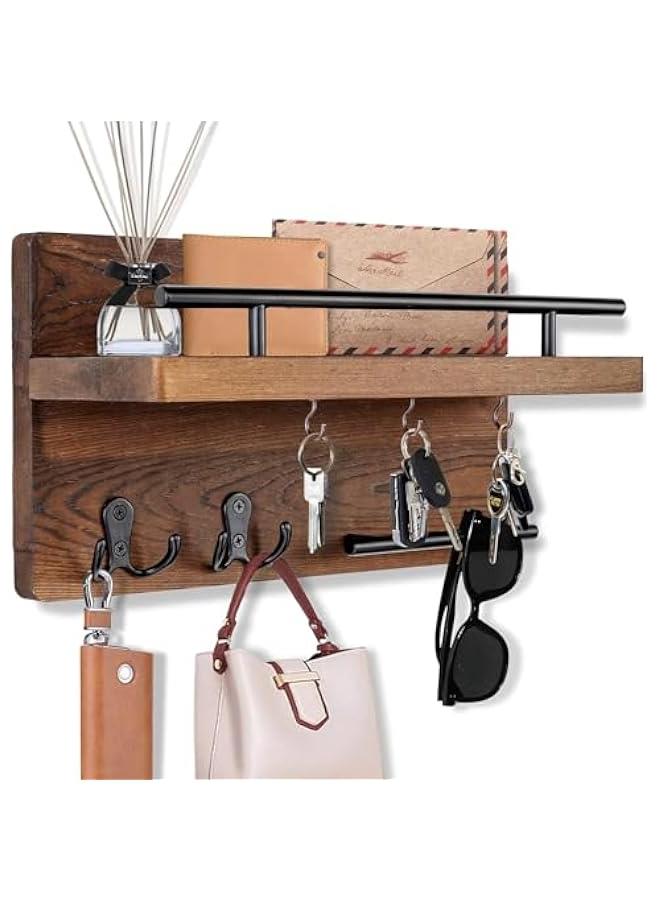 MIXDE Wall Mounted Key Holder/Hangers for Wall Decorative with 5 Key Hooks, Wooden Mail Rack Organizer with Shelf, Rustic Home Decor for Entryway Mudroom Hallway Office (Brown) - Image 1