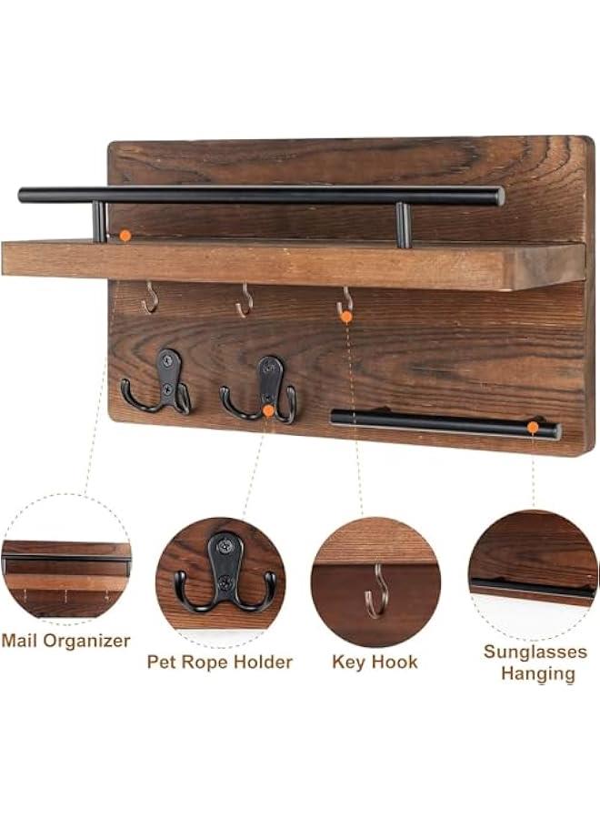 MIXDE Wall Mounted Key Holder/Hangers for Wall Decorative with 5 Key Hooks, Wooden Mail Rack Organizer with Shelf, Rustic Home Decor for Entryway Mudroom Hallway Office (Brown) - Image 5