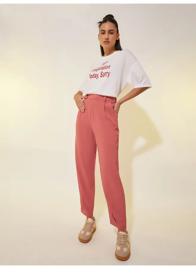 تايك تو Take Two Solid Pleated Loose Fit Pants with Belt Loops