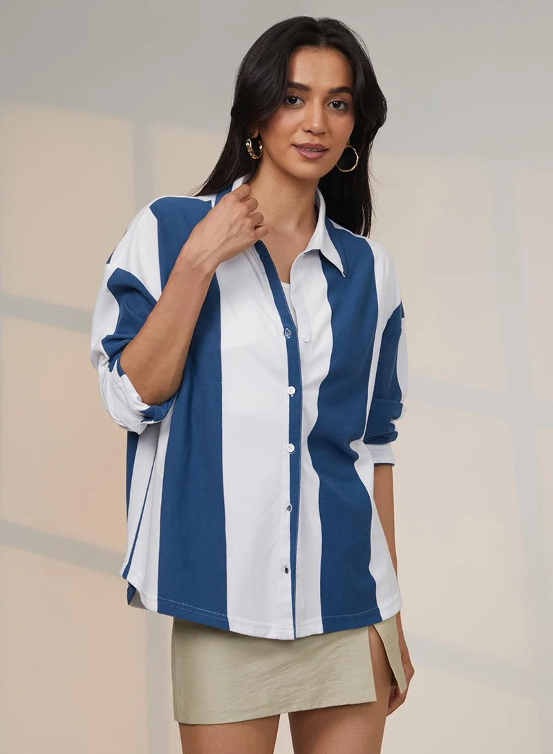Campus Sutra Pinacolada Women's Prussian Blue & Chalk White Striped Boxy Shirt For Casual Wear | Spread Collar | Long Sleeve | Button Closure | Shirt Designed With Comfortable Fit For Woman & Girls