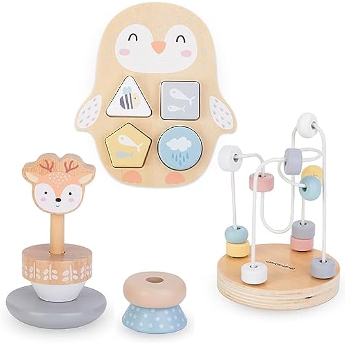 , WOODEN TOY SET - COLOURFUL INTERWEAVING, PYRAMID DEER, SORTER PENGUIN, MOTOR SKILLS LOOP, SORTING BOARD, WOODEN SORTER - Image 1