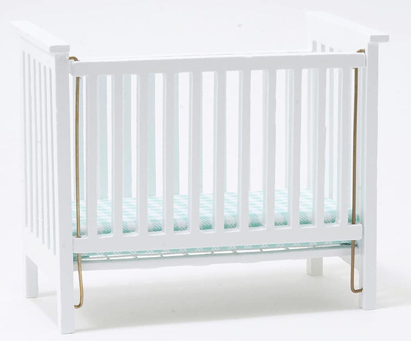 Classics by Handley Dollhouse Miniature White Slatted Nursery Crib with Blue Fabric - Image 4