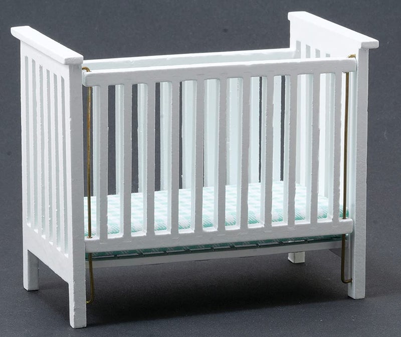 Classics by Handley Dollhouse Miniature White Slatted Nursery Crib with Blue Fabric - Image 2