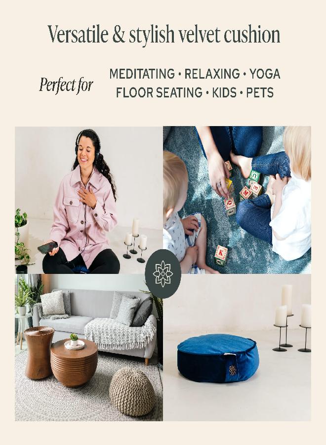 Mindful Modern وسادة تأمل من المخمل العصرية والذكية | وسادة أرضية زافو فاخرة | دعم الوضعية | مملوءة بقشور الحنطة السوداء | وسادة دائرية كبيرة بغطاء قابل للإزالة والغسل + مقبض حمل | اللون أزرق - Image 3