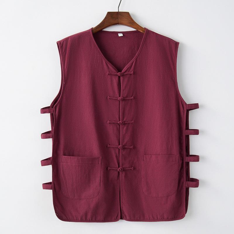 Tang suit mens sleeveless sweatshirt vest vest mandarin jacket summer Chinese style Chinese buckle old head shirt waistcoat Wine red 