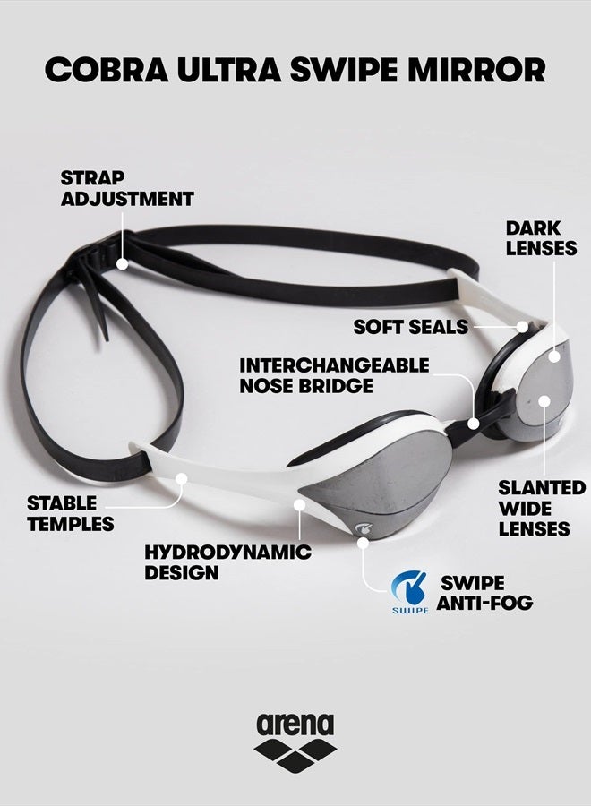 arena Unisex Cobra Ultra Swipe Racing Swim Goggles For Men And Women Swipe Anti-Fog Technology Polycarbonate Mirror Lens, Blue/Silver - Image 2