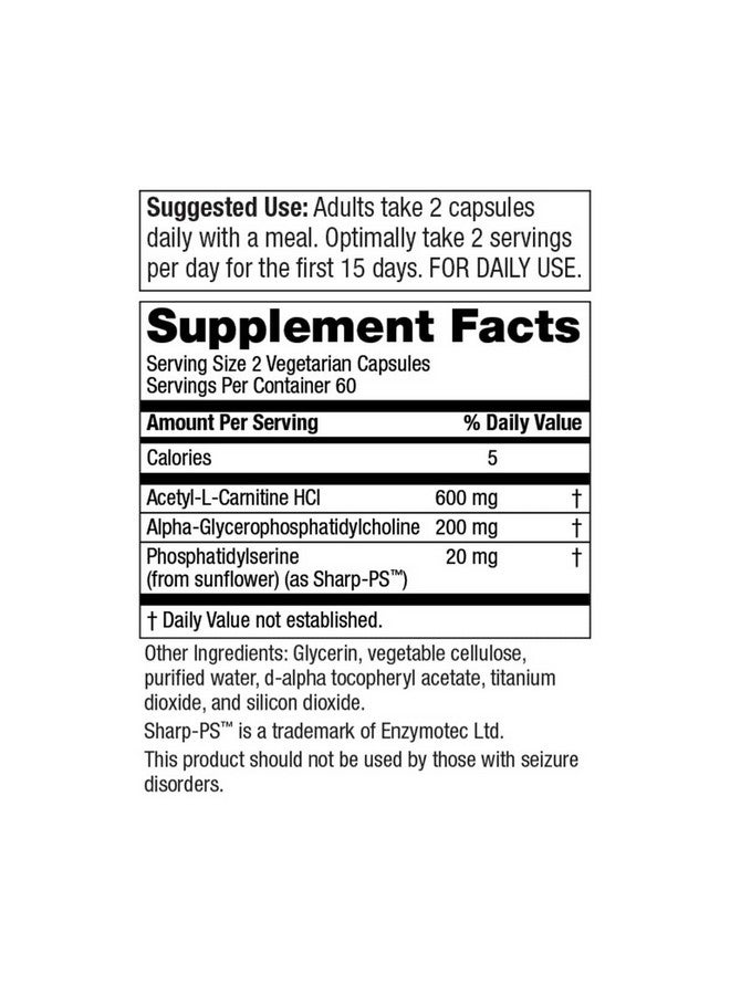 Purity Products Brain Vitalitygpc Super Formula Acetyl Lcarnitine Hci + Alpha Gpc + Phosphatidlyserine Supports Normal Concentration And Mental Clarity 120 Caps - Image 3