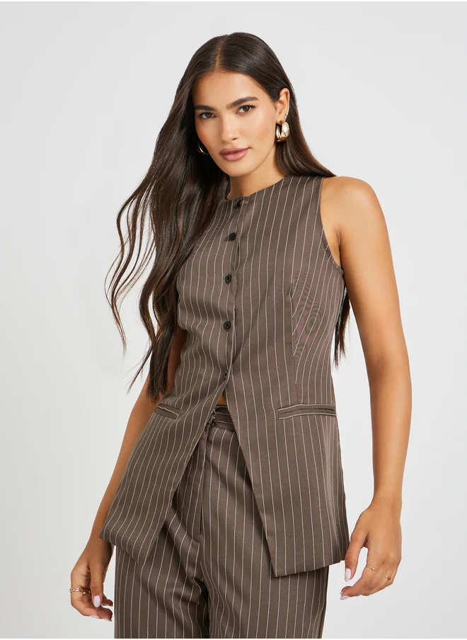 Styli Striped Round Neck Waistcoat with Button Detail