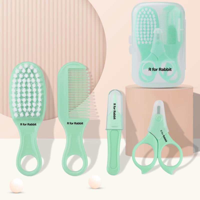 R for Rabbit Stylo Totcare Set Baby Grooming Kit - 4-in-1 Hairbrush, Comb, Scissors & Tweezers for Newborns (Sea Green) - Image 1