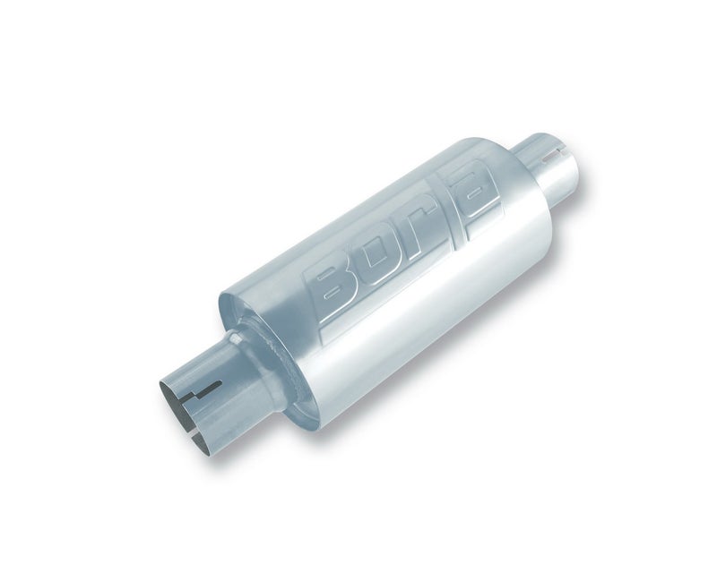 BORLA 40842S Specialty Universal Performance Muffler 25 Center Inlet 25 Center Outlet 5 Round x 10 Long Body 15 Overall Length UnNotched Necks Reversible Design T304 Stainless Steel