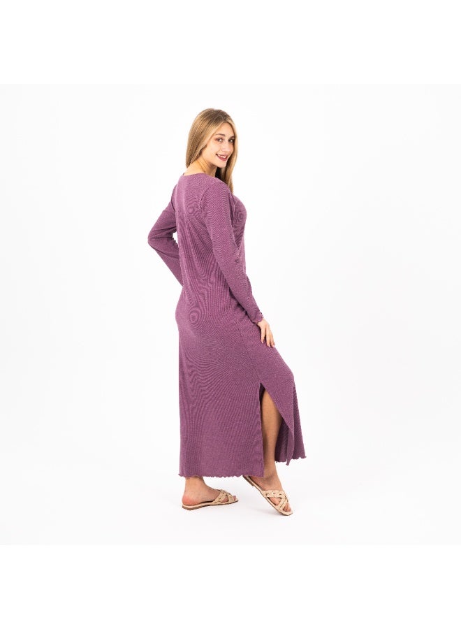 zecotex  Women's Ribbed Summer Galabeya - Comfortable Long Sleeve Design with Front Buttons - Purple. - Image 4