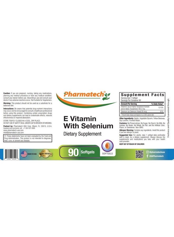 PHARMATECH Vitamin E as dl-Tocopheryl Acetate and d-Alpha-Tocopherol Plus Selenium, Antioxidant Supplement, Immune Support, Supports Healthy Skin, Gluten-Free, Non-GMO, 90 softgels Made in USA - Image 2