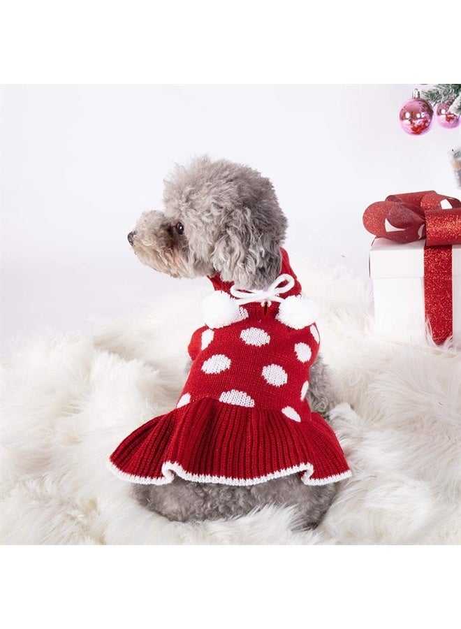 KYEESE Dog Sweater Dress with Leash Hole Polka Dot Turtleneck Dogs Sweaters Red Knit Pullover with Pom Pom Ball - Image 1