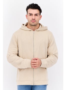 CROSSHATCH Men Embroidered Long Sleeves Hooded Sweatshirt, Beige  - Image 1