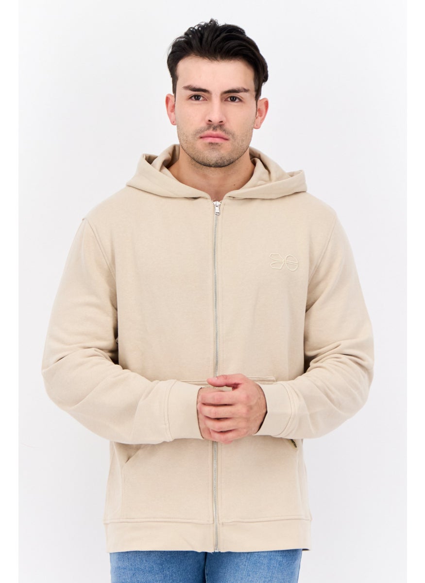 CROSSHATCH Men Embroidered Long Sleeves Hooded Sweatshirt, Beige  - Image 1