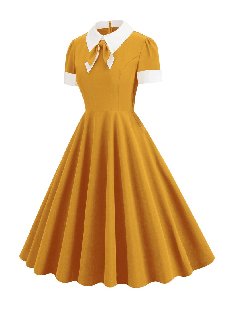 Shougu Shirt Collar Bow Retro Big Swing Dress - Image 2