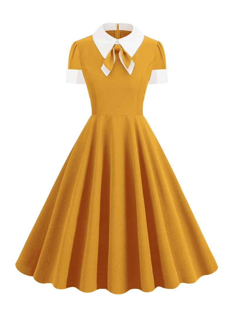 Shougu Shirt Collar Bow Retro Big Swing Dress - Image 1