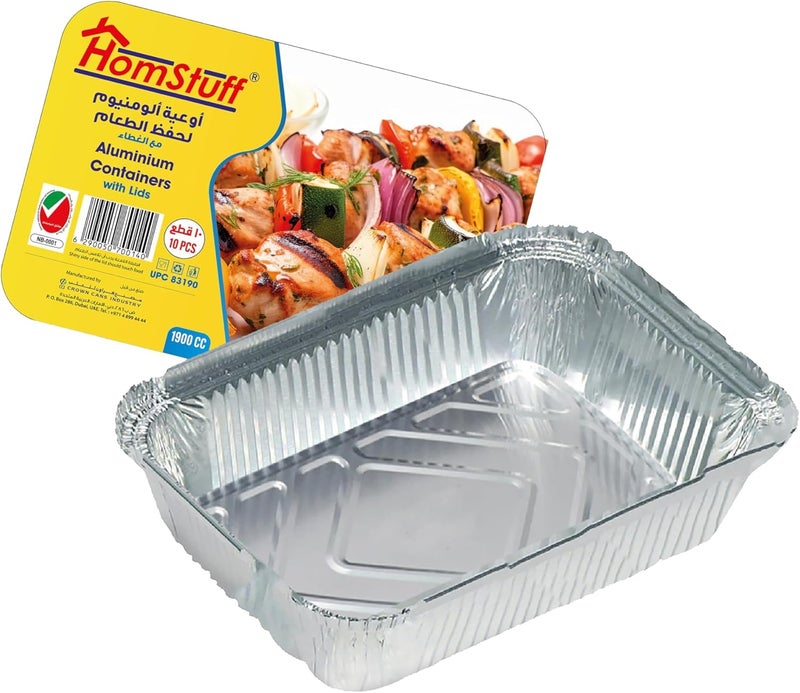 HomStuff Aluminium Foil Container with Lid 83190 (1900 ml), Pack of 10 pcs, Aluminium Disposable container | Parcel Box | Packaging Hot/Dry Foods | Freezer Containers for Takeaway Food Packaging.